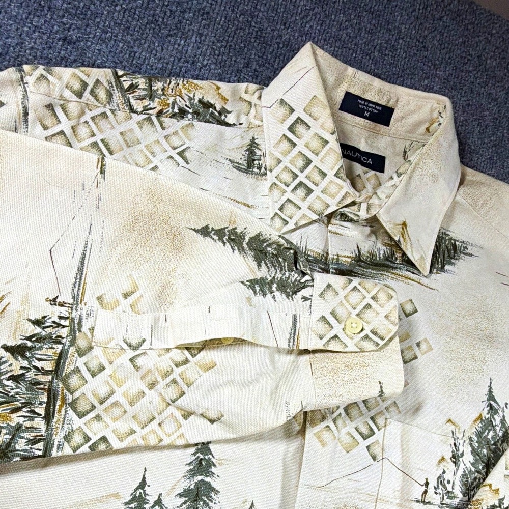 Nautica Men's M Fishing Scenic Cotton Button-Up Shirt Cabincore Gorpcore Outdoor